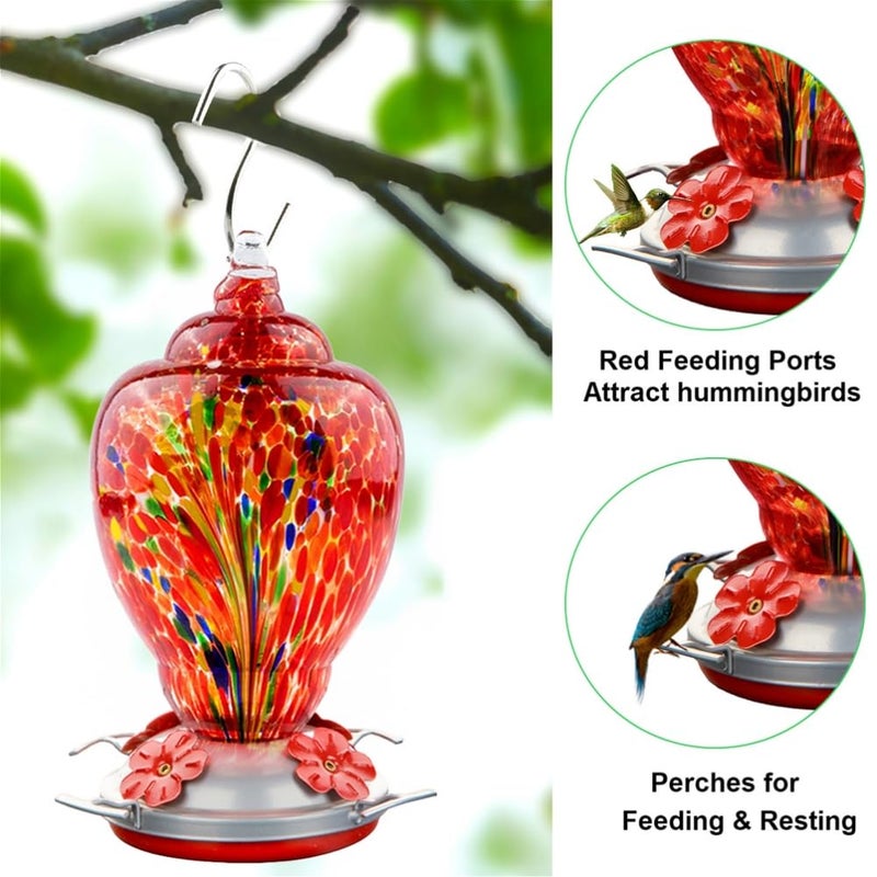 WOSIBO Hummingbird Feeder for Outdoors Patio Large 32 Ounces Colorful Hand Blown Glass Hummingbird Feeder with Ant Moat Hanging Hook, Rope, Brush and Service Card (RED-Firework) - Image 2